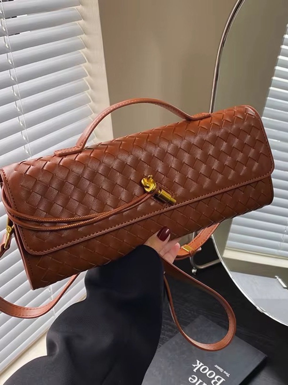 Woven Leather Crossbody Bag in Chestnut Brown